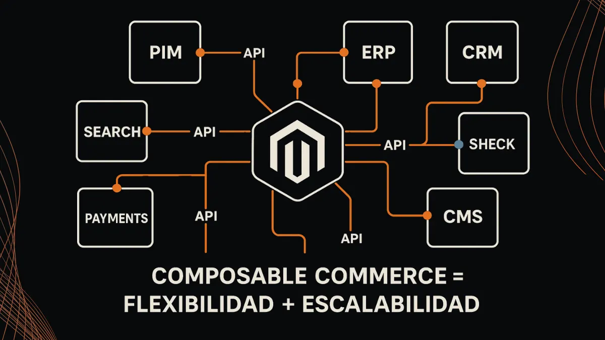 Diagrama de arquitectura composable commerce con microservicios conectados por APIs en Magento 2