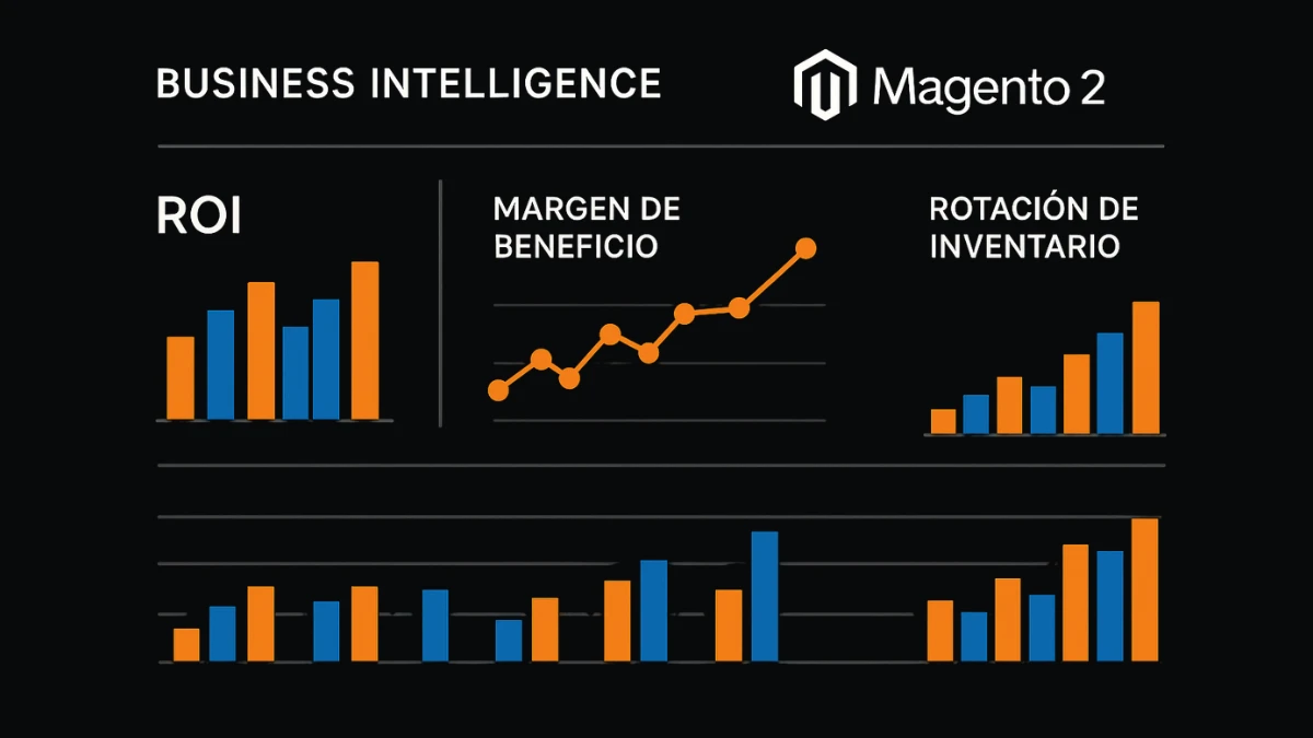 Dashboard de Business Intelligence en Magento 2 mostrando métricas B2B en tiempo real