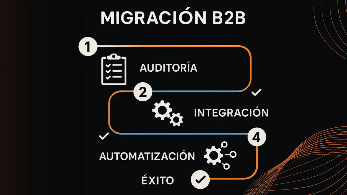 Guía visual de migración a Magento 2 B2B con pasos de automatización empresarial