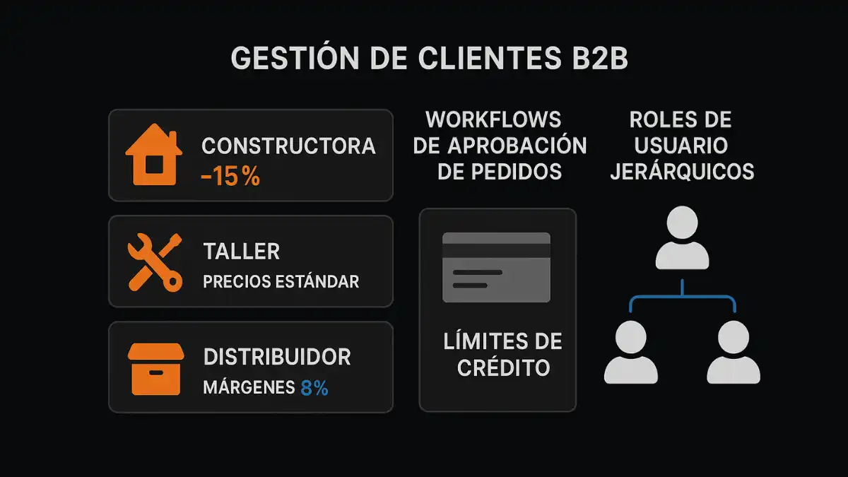 Magento 2 B2B precios personalizados roles usuario distribuidores herramientas industriales