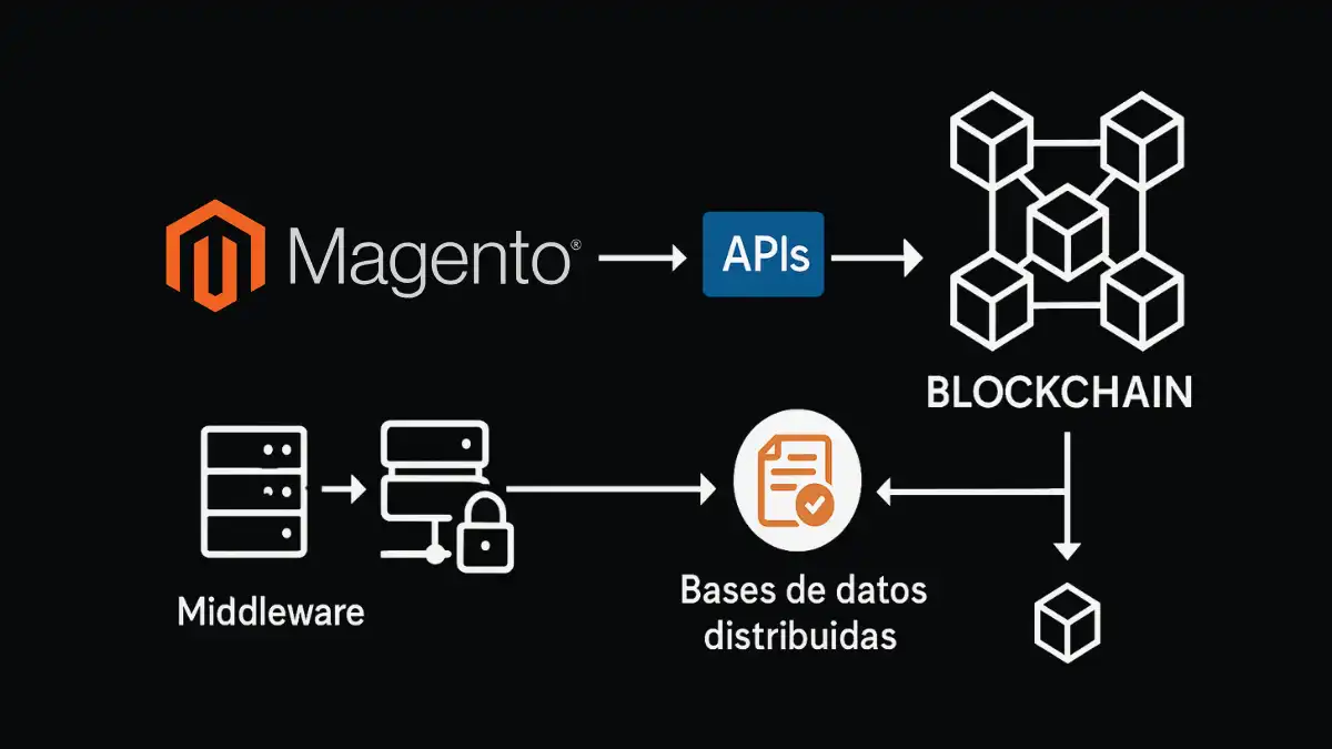 Integración Magento 2 blockchain APIs middleware supply chain trazabilidad