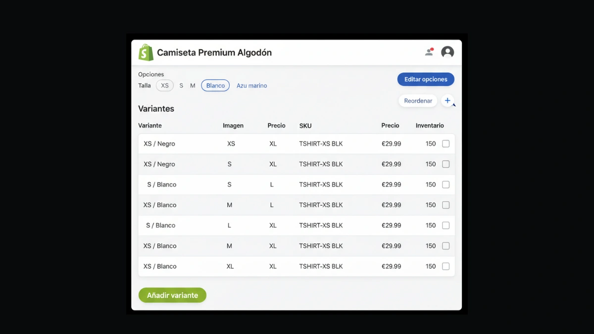 Panel de configuración de variantes de producto en Shopify mostrando tallas y colores para tienda de moda